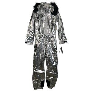 Tipsy Elves Ski Snow Suit Womens Size Small Silver Bullet Black Faux Fur Trim